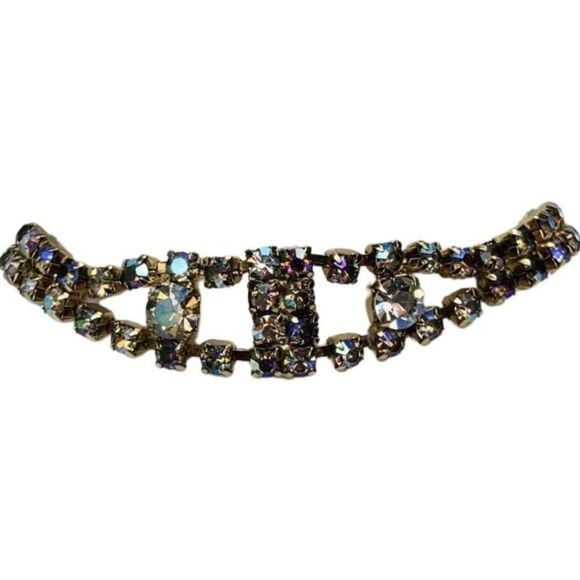 Vintage Aurora Borealis Shimmering Rhinestone Gold Tone Tennis Bracelet 8” - Picture 2 of 10